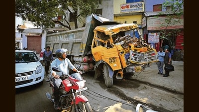 The damaged truck which allegedly killed three labourers and a child at Anand Parbat in New Delhi on Saturday. (Sanchit Khanna/HT PHOTO) The damaged truck which allegedly killed three labourers and a child at Anand Parbat in New Delhi on Saturday. (Sanchit Khanna/HT PHOTO)