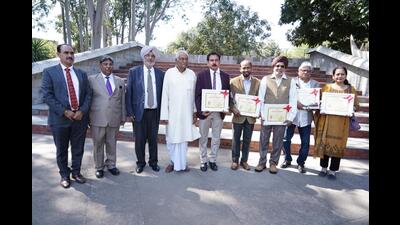 The five authors who were felicitated by Chandigarh Sahitya Akademi during its annual award ceremony on Saturday. (HT Photo)