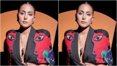 Hina teamed her blazer with a pair of black formal trousers with high waisted details and wide legs. (Instagram/@realhinakhan) Hina teamed her blazer with a pair of black formal trousers with high waisted details and wide legs. (Instagram/@realhinakhan)