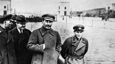 In the image Musk shared, Joseph Stalin and Nikolai Yezhov can be seen strolling along the shores of the Moscow-Volga Canal. (Twitter/ Elon Musk) In the image Musk shared, Joseph Stalin and Nikolai Yezhov can be seen strolling along the shores of the Moscow-Volga Canal. (Twitter/ Elon Musk)