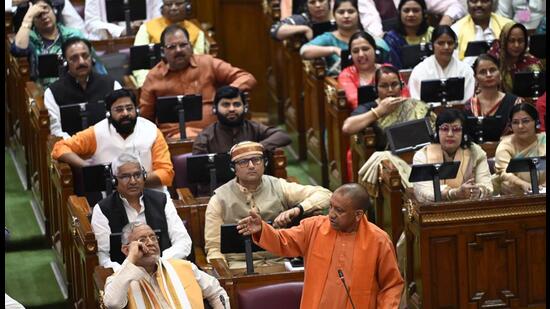 Uttar Pradesh chief minister Yogi Adityanath in the state assembly on Saturday. (HT PHOTO)