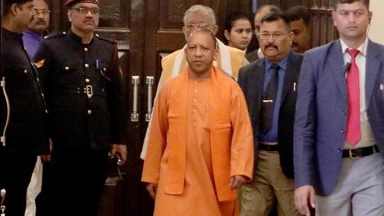 Uttar Pradesh chief minister Yogi Adityanath on the state assembly complex premises in Lucknow on Saturday. (HT Photo)