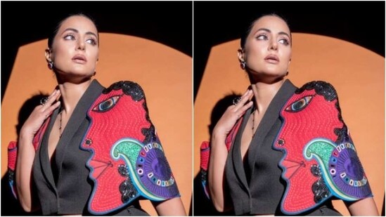 Hina picked a black cropped blazer with lapel collars and a plunging neckline. The sleeves of the blazer stole the show and for all the right reasons. Hina's blazer’s sleeves featured quirky patterns in shades of red, black and blue.&nbsp;(Instagram/@realhinakhan)