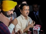 Delhi Chief Minister Arvind Kejriwal with Punjab Chief Minister Bhagwant Mann outside Manish Sisodia's house. Delhi Chief Minister Arvind Kejriwal with Punjab Chief Minister Bhagwant Mann outside Manish Sisodia's house.