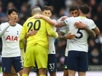 Soccer Football - Premier League - Tottenham Hotspur v Chelsea - Tottenham Hotspur Stadium, London, Britain - February 26, 2023 Tottenham Hotspur's Son Heung-min, Fraser Forster, Ben Davies, Cristian Romero and Pierre-Emile Hojbjerg celebrate after the match Action Images via Reuters/Paul Childs EDITORIAL USE ONLY. No use with unauthorized audio, video, data, fixture lists, club/league logos or 'live' services. Online in-match use limited to 75 images, no video emulation. No use in betting, games or single club /league/player publications.  Please contact your account representative for further details.