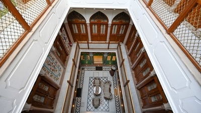 A top-angle view inside Golden Haveli at Chandni Chowk. Located at an intersection of three alleys, the haveli can be easily identified by the air of newness surrounding it and a giant name plaque at its front gate that announces it as “Golden Haveli Dharampura”. (Sanchit Khanna/ HT Photo) A top-angle view inside Golden Haveli at Chandni Chowk. Located at an intersection of three alleys, the haveli can be easily identified by the air of newness surrounding it and a giant name plaque at its front gate that announces it as “Golden Haveli Dharampura”. (Sanchit Khanna/ HT Photo)