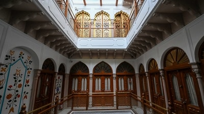 A view of the interior design of Golden Haveli. The haveli’s open terrace gives a clear view of Jama Masjid and the quintessential Old Delhi experience as flocks of pigeons fly past every few minutes – the tradition of pigeon racing continues to be practiced in this part of the city. On the terrace, a viewing deck has been erected that offers a 360-degree view of the Red Fort, Jama Masjid, Digambar Jain Lal Mandir, and Gurdwara Sis Ganj Sahib. (Sanchit Khanna/ HT Photo) A view of the interior design of Golden Haveli. The haveli’s open terrace gives a clear view of Jama Masjid and the quintessential Old Delhi experience as flocks of pigeons fly past every few minutes – the tradition of pigeon racing continues to be practiced in this part of the city. On the terrace, a viewing deck has been erected that offers a 360-degree view of the Red Fort, Jama Masjid, Digambar Jain Lal Mandir, and Gurdwara Sis Ganj Sahib. (Sanchit Khanna/ HT Photo)