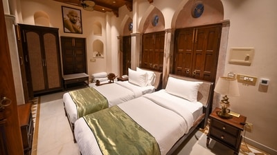 A view of a room inside Golden Haveli at Chandni Chowk. Unlike Haveli Dharampura, Golden Haveli is more colourful. It gets its name from the liberal use of golden fittings – actually brass – on various doors and windows. Objects and elements in the haveli were sourced from different parts of Delhi and in some cases from other states. (Sanchit Khanna/ HT Photo) A view of a room inside Golden Haveli at Chandni Chowk. Unlike Haveli Dharampura, Golden Haveli is more colourful. It gets its name from the liberal use of golden fittings – actually brass – on various doors and windows. Objects and elements in the haveli were sourced from different parts of Delhi and in some cases from other states. (Sanchit Khanna/ HT Photo)