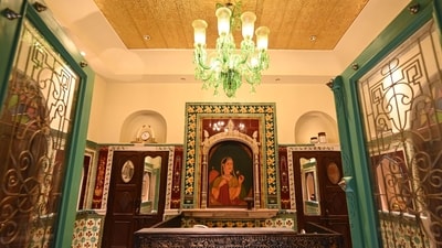A view inside Golden Haveli at Chandni Chowk. Efforts have been taken to maintain period aesthetic even where retrofitting has been done or newer elements have been incorporated. For instance, the haveli has an elevator with the interior lined with miniature paintings, while paintings inspired by Mughal art adorn several other rooms. (Sanchit Khanna/ HT Photo) A view inside Golden Haveli at Chandni Chowk. Efforts have been taken to maintain period aesthetic even where retrofitting has been done or newer elements have been incorporated. For instance, the haveli has an elevator with the interior lined with miniature paintings, while paintings inspired by Mughal art adorn several other rooms. (Sanchit Khanna/ HT Photo)