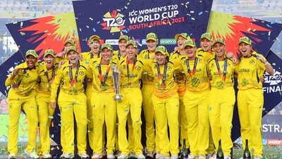 Cape Town, South Africa, Feb 26 (ANI): Australian players celebrate with trophy after winning the ICC Women's T20 World Cup 2023, at Newlands, in Cape Town on Sunday. (ANI Photo) (ICC Twitter) Cape Town, South Africa, Feb 26 (ANI): Australian players celebrate with trophy after winning the ICC Women's T20 World Cup 2023, at Newlands, in Cape Town on Sunday. (ANI Photo) (ICC Twitter)