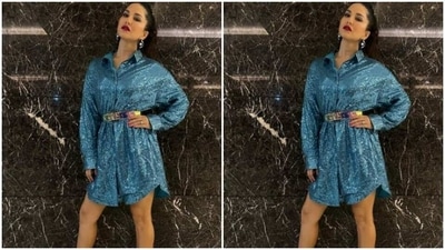 Belt it: Adding a belt to your oversized outfit can create a more defined waistline and add structure to your look. You can wear a wide or skinny belt depending on your personal style. (Instagram/@sunnyleone) Belt it: Adding a belt to your oversized outfit can create a more defined waistline and add structure to your look. You can wear a wide or skinny belt depending on your personal style. (Instagram/@sunnyleone)