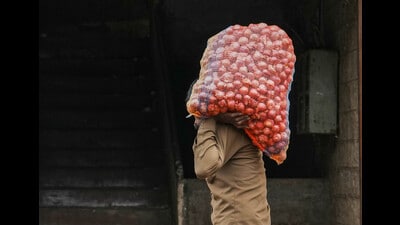 Bengaluru: A worker carries a sack onnion at a market, in Bengaluru, Thursday, Dec. 1, 2022. (PTI Photo/Shailendra Bhojak) (PTI12_01_2022_000234A) (PTI) Bengaluru: A worker carries a sack onnion at a market, in Bengaluru, Thursday, Dec. 1, 2022. (PTI Photo/Shailendra Bhojak) (PTI12_01_2022_000234A) (PTI)