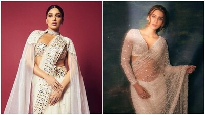 Bhumi Pednekar and Kriti Sanon in ivory sarees. (Instagran) Bhumi Pednekar and Kriti Sanon in ivory sarees. (Instagran)