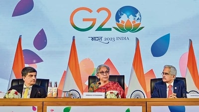 Nirmala Sitharaman said the draft communique included two paragraphs on the Ukraine crisis – reproduced from the Indonesia G20 summit – but Beijing and Moscow didn’t agree to this. (AFP) Nirmala Sitharaman said the draft communique included two paragraphs on the Ukraine crisis – reproduced from the Indonesia G20 summit – but Beijing and Moscow didn’t agree to this. (AFP)