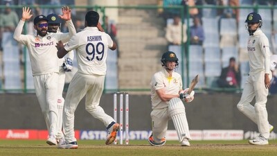 New Delhi: Indian bowler Ravichandran Ashwin celebrates with teammate Virat Kohli after the wicket of Australian batter Steve Smith during the third day of the 2nd test cricket match between India and Australia, at the Arun Jaitley Stadium, in New Delhi, Sunday, Feb. 19, 2023. (PTI Photo/Arun Sharma)(PTI02_19_2023_000032B) (PTI)