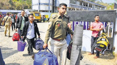 Polling officials arrive with EVMs at Nongpoh, in Meghalaya’s Ri Bhoi, on Sunday. (ANI) Polling officials arrive with EVMs at Nongpoh, in Meghalaya’s Ri Bhoi, on Sunday. (ANI)