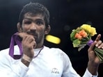Yogeshwar Dutt poses with bronze medal during the medal ceremony of Men's 60kg Freestyle at the Olympic Games in London