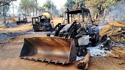 A JCB machine and other vehicles that were being used in road construction were set ablaze by Naxals in the Koyalibeda block in the Kanker district on Sunday. (ANI) A JCB machine and other vehicles that were being used in road construction were set ablaze by Naxals in the Koyalibeda block in the Kanker district on Sunday. (ANI)