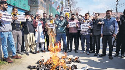 BJP workers raise slogans during a protest against targeted killings, in Srinagar on Monday. (PTI)