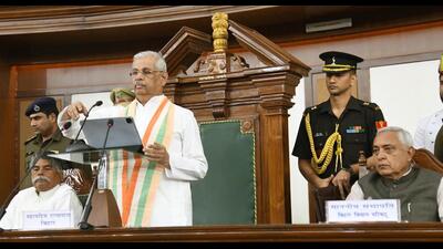 Bihar Governor Rajendra Vishwanath Arlekar addresses during the Budget Session on Monday. (Santosh Kumar/HT Photo) Bihar Governor Rajendra Vishwanath Arlekar addresses during the Budget Session on Monday. (Santosh Kumar/HT Photo)