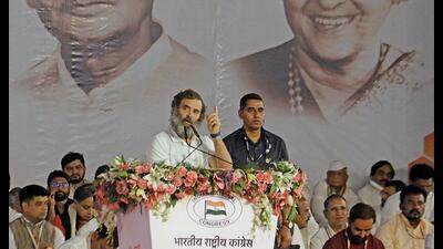 Congress leader Rahul Gandhi addresses at the party's 85th Plenary Session, Atal Nagar, Naya Raipur on Sunday. (ANI Photo) (AICC)
