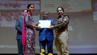 Greater Noida, India- February 26, 2023: Gautam Budh Nagar police commissioner Laxmi Singh and other officers on Sunday distributed appointment letters to 687 sub inspectors of police at Gautam Buddha University, platoon commanders of PAC and fire officers who will be joining the state police now, in Greater Noida, India, on Sunday, February 26, 2023. (Photo by Sunil Ghosh / Hindustan Times) To go with Snehil’s story