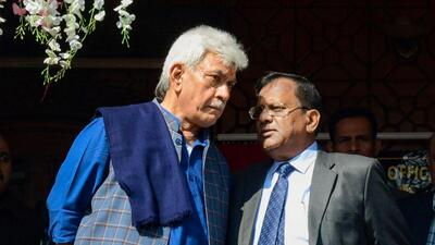 Jammu and Kashmir lieutenant governor Manoj Sinha with additional chief secretary, home, RK Goyal in Srinagar on Monday. (PTI) Jammu and Kashmir lieutenant governor Manoj Sinha with additional chief secretary, home, RK Goyal in Srinagar on Monday. (PTI)