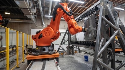 A robotic arm shapes a metal sheet at Machina Labs in Chatsworth, California, US, A startup named Machina is using robots to make the kinds of metal components for manufacturers that have often required significant manual work in the past. (Bloomberg) A robotic arm shapes a metal sheet at Machina Labs in Chatsworth, California, US, A startup named Machina is using robots to make the kinds of metal components for manufacturers that have often required significant manual work in the past. (Bloomberg)