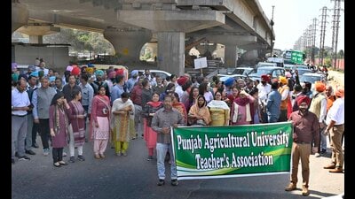PAUTA members blocking the Ferozepur road during the protest in Ludhiana on Monday. (Gurpreet Singh/HT Photo)