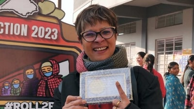 Former minister and National Peoples Party candidate Mazel Ampareen Lyngdoh after casting her vote at a polling booth during the Meghalaya Assembly elections, in Laitumkhrah in Meghalaya. (PTI) Former minister and National Peoples Party candidate Mazel Ampareen Lyngdoh after casting her vote at a polling booth during the Meghalaya Assembly elections, in Laitumkhrah in Meghalaya. (PTI)