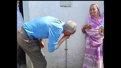 Parameswaran Iyer, executive director-designate, World Bank, drinking water from a tap in a Bundelkhand village on Feb 27. (Sourced) Parameswaran Iyer, executive director-designate, World Bank, drinking water from a tap in a Bundelkhand village on Feb 27. (Sourced)