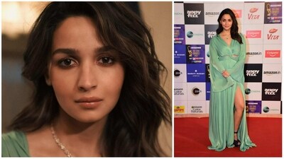 Alia Bhatt was a sight to behold in a pastel olive green gown with a thigh high slit. She paired the look with diamond and emerald necklace and won the Best Actor female award for Gangubai Kathiawadi. (Varinder Chawla) 