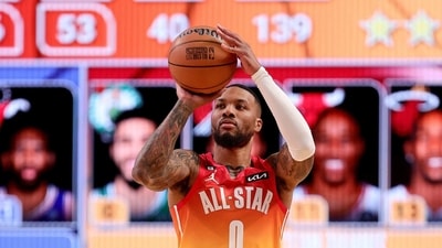 Damian Lillard #0 of the Portland Trailblazers shoots during the third quarter in the 2023 NBA All Star Game. (Getty Images via AFP)
