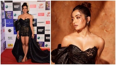 Rashmika Mandanna was among the most glamorous celebrities at the event in a black sheer outfit with a long train. She won an award for her debut Bollywood film Goodbye. (Varinder Chawla) 