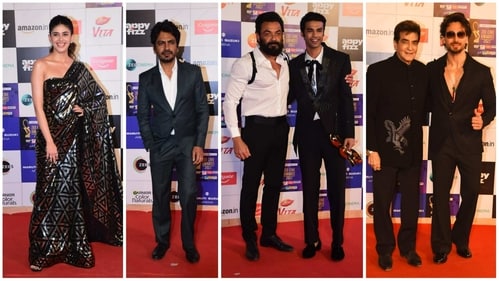 Sanjana Sanghi, Nawazuddin Siddiqui, Bobby Deol, Babil Khan, Jeetendra and Tiger Shroff at the event. (Varinder Chawla) Sanjana Sanghi, Nawazuddin Siddiqui, Bobby Deol, Babil Khan, Jeetendra and Tiger Shroff at the event. (Varinder Chawla)