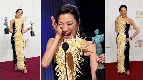 Michelle attends the SAG Awards in a Schiaparelli outfit. (AP, Reuters) Michelle attends the SAG Awards in a Schiaparelli outfit. (AP, Reuters)