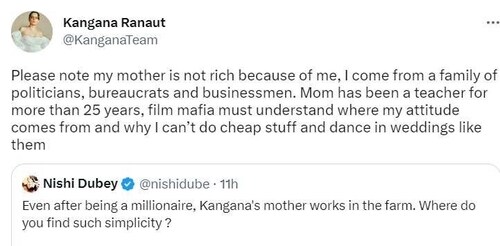 Kangana Ranaut replied to a Twitter user. Kangana Ranaut replied to a Twitter user.
