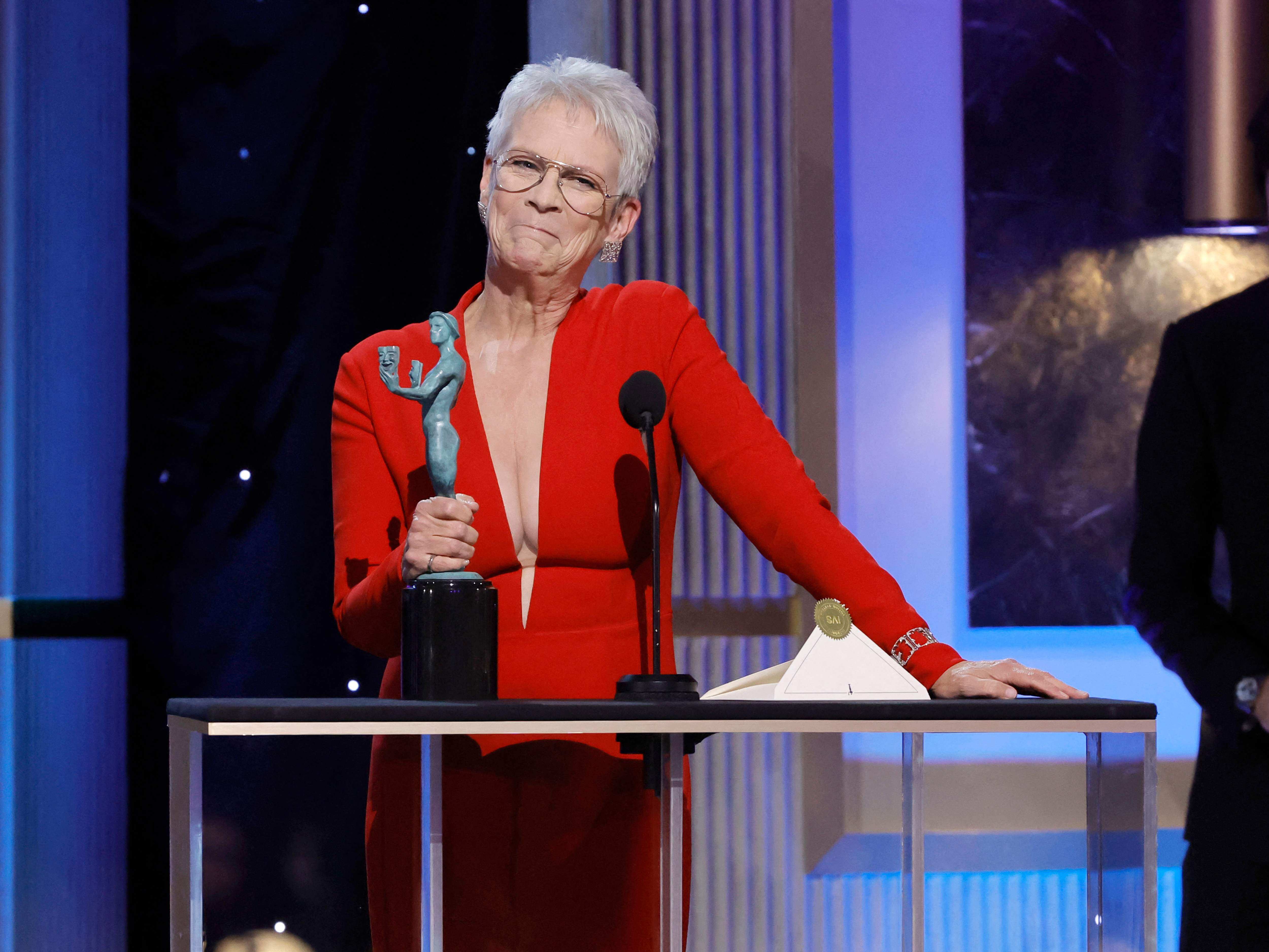 Jamie Lee Curtis accepts the Outstanding Performance by a Female Actor in a Supporting Role award for Everything Everywhere All at Once. Jamie Lee Curtis accepts the Outstanding Performance by a Female Actor in a Supporting Role award for Everything Everywhere All at Once.