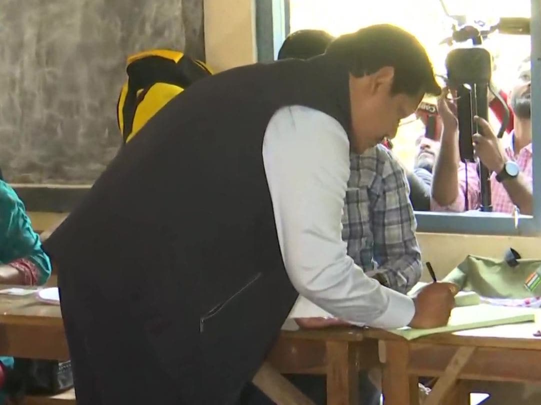 CM Conrad Sangma casting his vote at Walbakgre polling station in Tura, Garo Hills. (ANI)