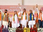 Bharatiya Janata Party (BJP) National President JP Nadda with Karnataka party president Nalinkumar Kateel and other party members waves to the supporters. (ANI Photo) Bharatiya Janata Party (BJP) National President JP Nadda with Karnataka party president Nalinkumar Kateel and other party members waves to the supporters. (ANI Photo)