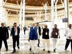 PM Modi with Karnataka CM Bommai and others during the inauguration of the Shivamogga Airport on Monday. (PTI Photo) PM Modi with Karnataka CM Bommai and others during the inauguration of the Shivamogga Airport on Monday. (PTI Photo)