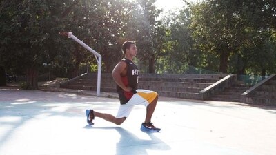 Lunges: Lunges work your glutes, quads, and hamstrings. Start by standing with your feet hip-width apart. Take a big step forward with one foot, bending both knees until your back knee is almost touching the ground. Push back up to standing and repeat on the other side. (Anil Chawla) Lunges: Lunges work your glutes, quads, and hamstrings. Start by standing with your feet hip-width apart. Take a big step forward with one foot, bending both knees until your back knee is almost touching the ground. Push back up to standing and repeat on the other side. (Anil Chawla)