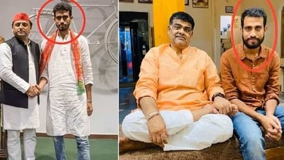 Sadaqat Khan with Akhilesh Yadav and (right) Khan is seen with BJP MLA Neelam Karwariya's husband Uday Bhan Karwariya. (Source: Twitter) Sadaqat Khan with Akhilesh Yadav and (right) Khan is seen with BJP MLA Neelam Karwariya's husband Uday Bhan Karwariya. (Source: Twitter)