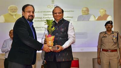 Delhi LG VK Saxena at the launch of the modified unified portal on Tuesday. (PTI) Delhi LG VK Saxena at the launch of the modified unified portal on Tuesday. (PTI)