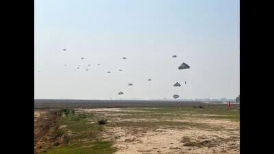 Lt Gen Dimri led 70 paratroopers from the Army and Air Force in a Command Jump at Malpura near Agra. (Sourced)