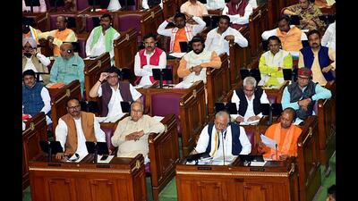 Minister for parliamentary affairs and finance Suresh Khanna speaking at the UP assembly. (PTI)