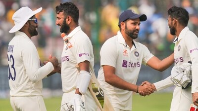 Indian captain Rohit Sharma greets teammates Cheteshwar Pujara and Srikar Bharat after the end of the 2nd test cricket match between India and Australia. (PTI) Indian captain Rohit Sharma greets teammates Cheteshwar Pujara and Srikar Bharat after the end of the 2nd test cricket match between India and Australia. (PTI)