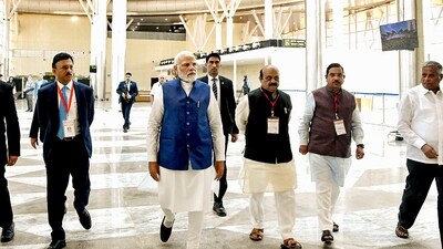 PM Modi with Karnataka CM Bommai and others during the inauguration of the Shivamogga Airport on Monday. (PTI Photo) PM Modi with Karnataka CM Bommai and others during the inauguration of the Shivamogga Airport on Monday. (PTI Photo)
