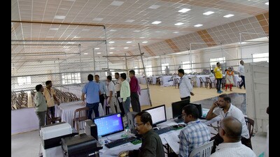 Preparations for the counting are underway at a centre in Thergaon on Tuesday. (HT PHOTO) Preparations for the counting are underway at a centre in Thergaon on Tuesday. (HT PHOTO)