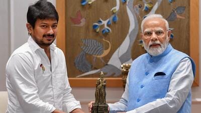 Prime Minister Narendra Modi with Tamil Nadu Minister for Youth Welfare and Sports Development Udhayanidhi Stalin during a meeting, in New Delhi. (PTI) Prime Minister Narendra Modi with Tamil Nadu Minister for Youth Welfare and Sports Development Udhayanidhi Stalin during a meeting, in New Delhi. (PTI)